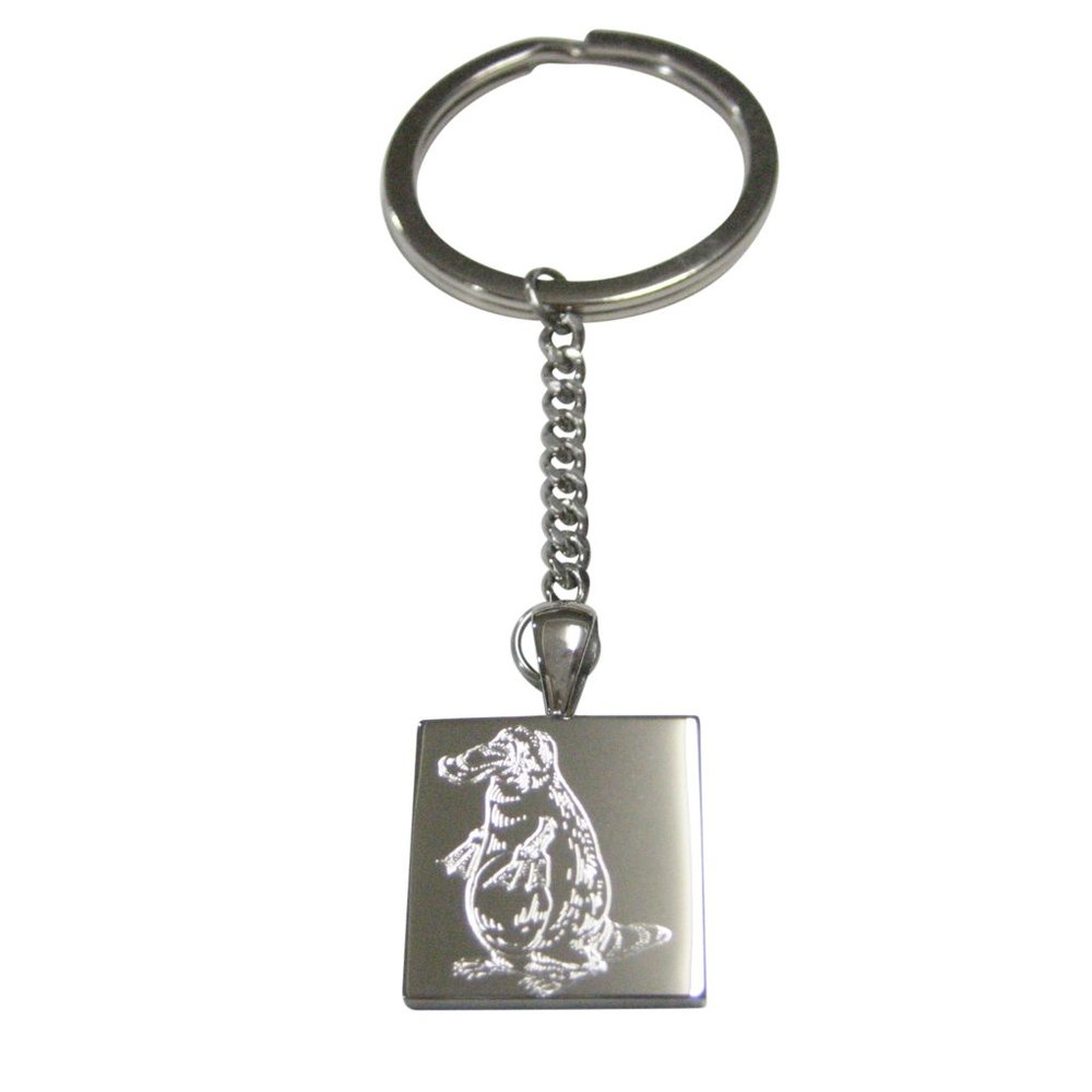 Silver Toned Square Etched Duck Billed Platypus Pendant Keychain